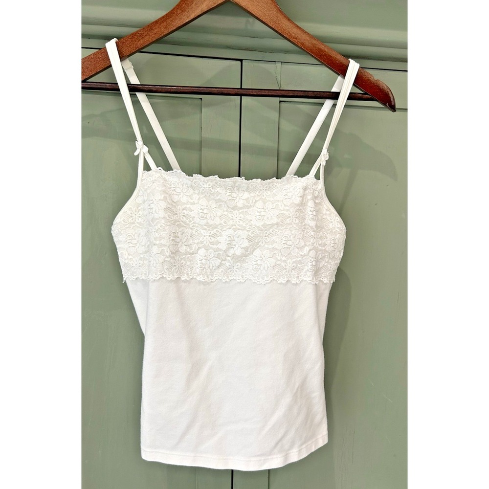 Womens y2kCoquette Lace Babydoll Cami Top Cream‎ Preppy Sexy Intimate Dainty Bow